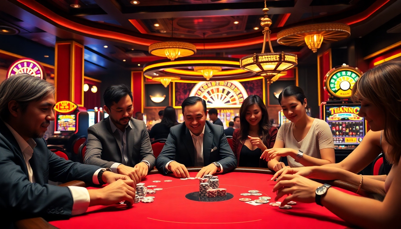 Players enjoying high-stakes poker at a luxurious table, showcasing the excitement of trang chủ okfun.