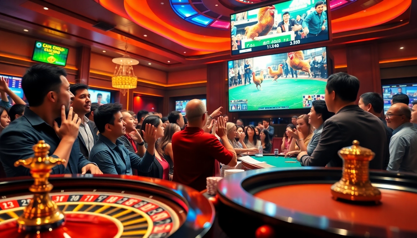 Watch a live đá gà trực tiếp match amidst a lively casino setting with excited spectators and vibrant betting activity.