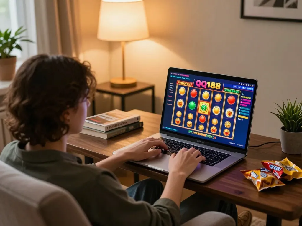 Pemain yang terlibat menikmati permainan Slot QQ188 di laptop di rumah, suasana yang nyaman