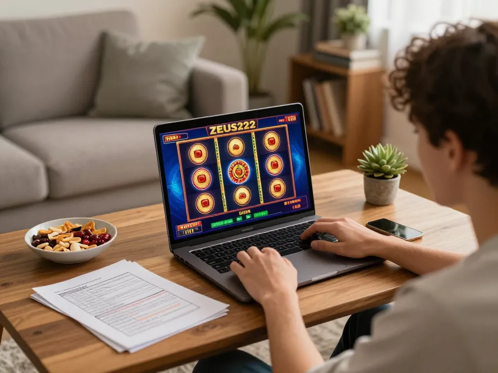 Player engaging with ZEUS222 online slot game in a cozy home environment.