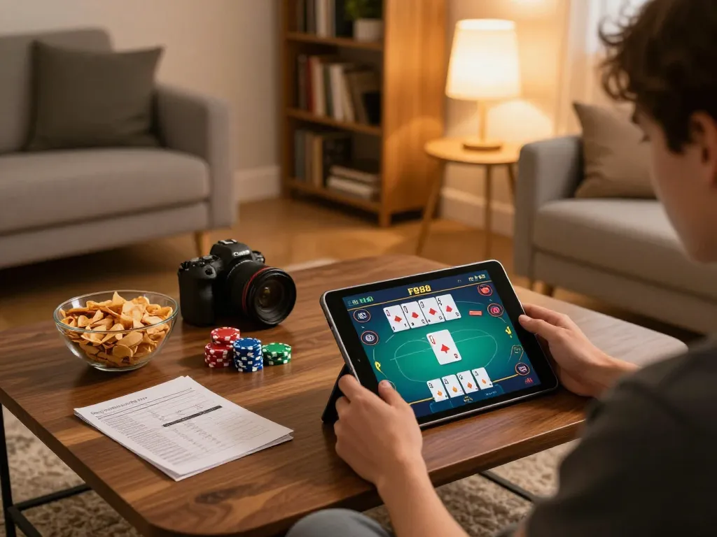 Person enjoying online gambling at FB88 with tablet and poker game interface in a warm home environment.