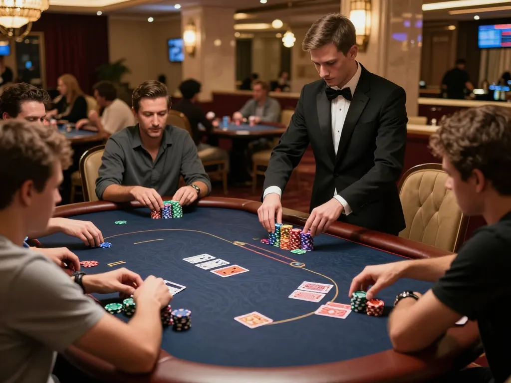 Players engaging in strategic poker gameplay at a high-stakes kerajaanslot table, capturing the luxurious casino atmosphere.