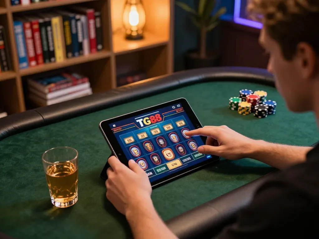 Player using TG88 app for online casino gaming, surrounded by strategy guides and a cozy atmosphere.