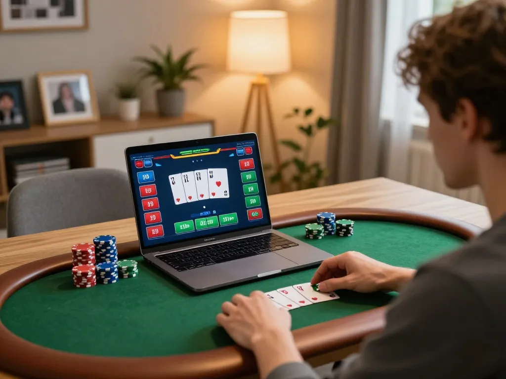LIGALGO player enjoying a strategic poker session on their laptop at home.