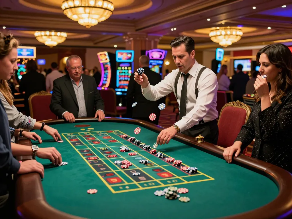 Pemain yang terlibat di meja roulette di kasino yang ramai, meningkatkan peluang mereka saat berjudi pada spaceman.