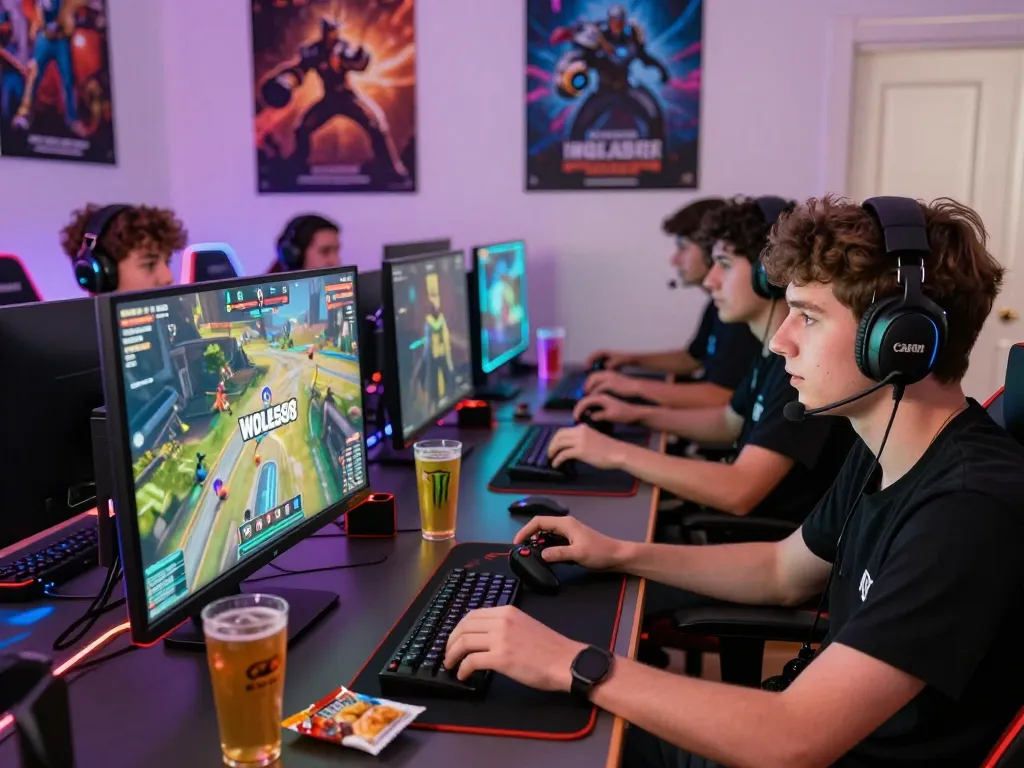 Friends engaging in a lively gaming session featuring WOLES88 logo on screen, snacks, and vibrant LED lighting.