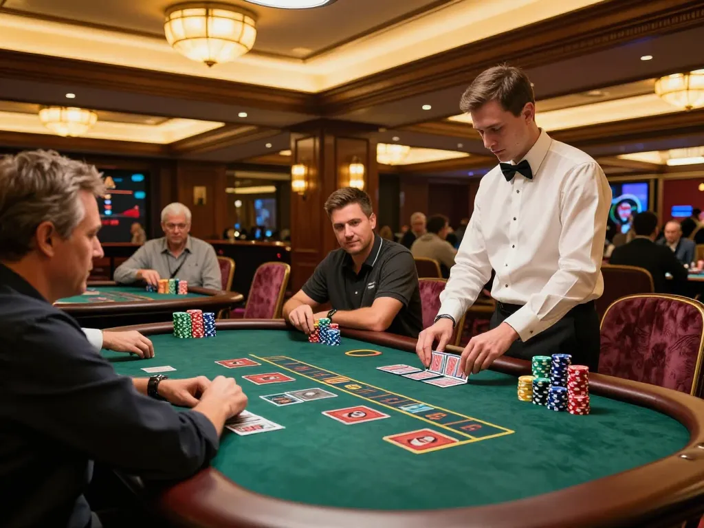 Engaging gameplay at LGOGOAL blackjack table with colorful chips and dynamic dealer.