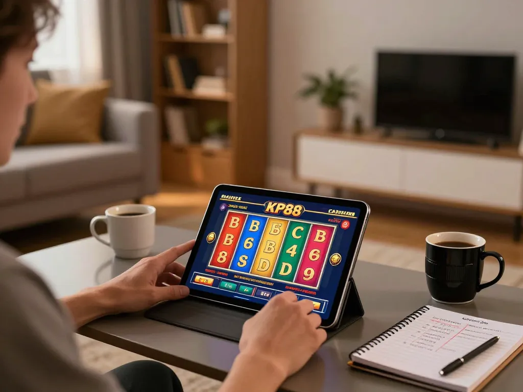 Engaging in KP88 casino gaming on a tablet, showcasing bright slot reels and cozy home setting.