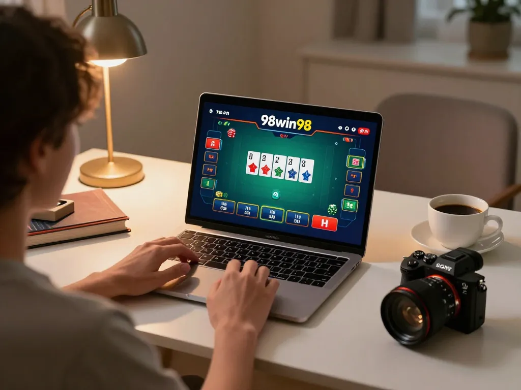 Engaging in live poker online with 98win98 on a laptop in a cozy home setup.