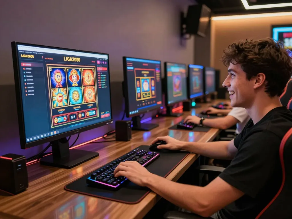 LIGA2000 online slot gaming setup with vibrant interface and excited player ready to win.
