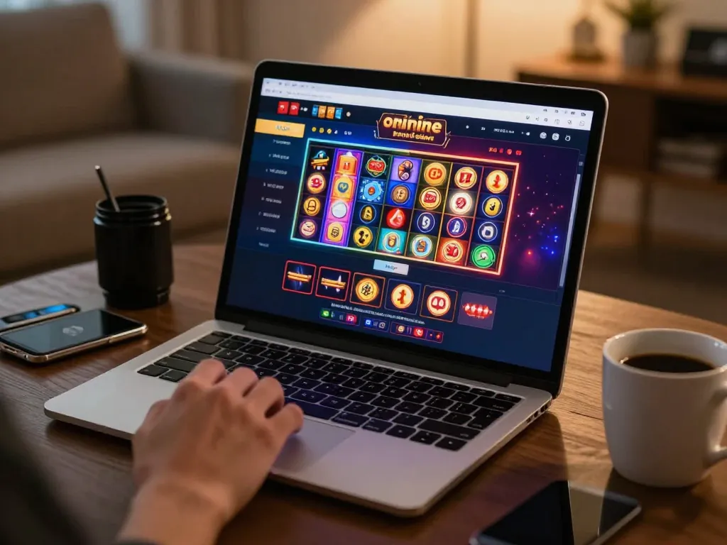 Engaging online gaming scene featuring UGDEWA slot machines on a laptop screen, inviting atmosphere of responsible gambling