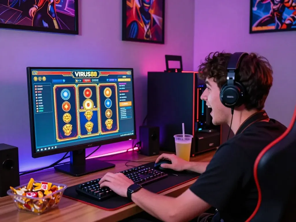 Pemain yang terlibat menikmati permainan slot online VIRUS88 dalam pengaturan permainan yang berwarna-warni.