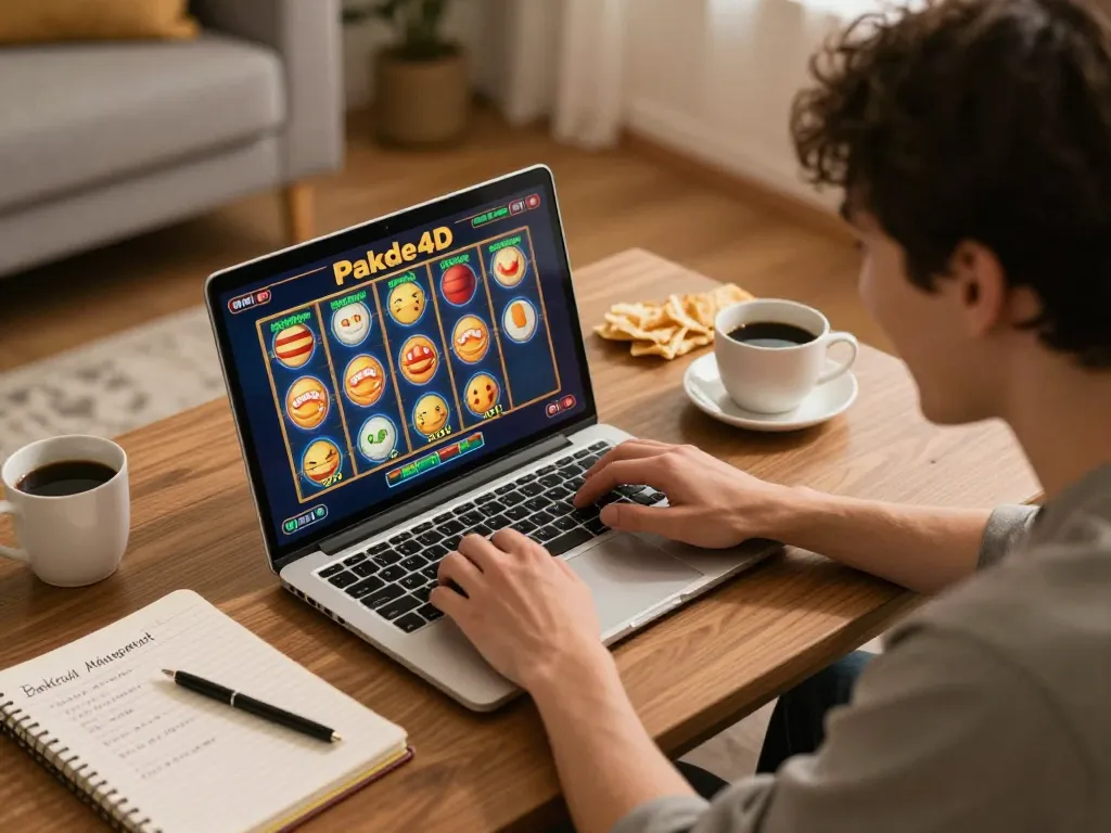 Engaging in the Pakde4D slot game with a celebratory vibe at home, showcasing responsible gaming