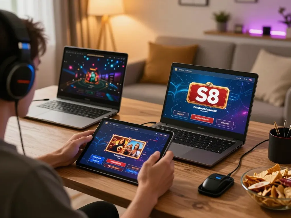 S8 casino app user enjoying dynamic online gameplay on a tablet in cozy home setting.
