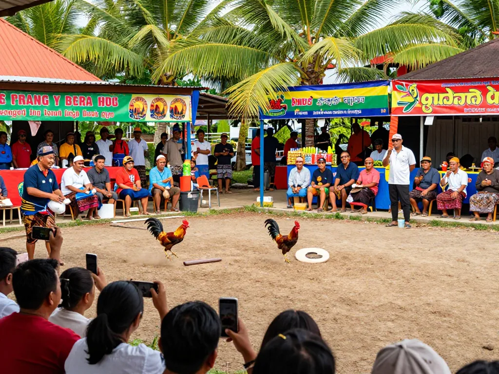 Acara sabung ayam online di arena pertarungan ayam yang meriah di Bali dengan penonton yang bersorak.