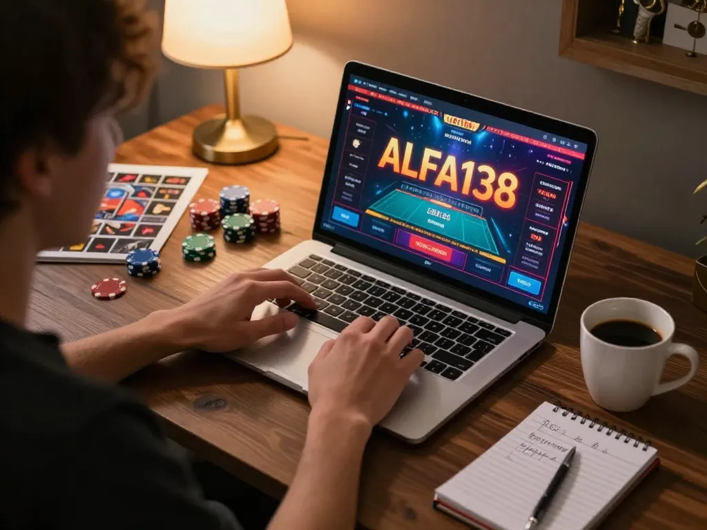 Berinteraksi dengan platform kasino ALFA138 di laptop sambil merencanakan taruhan dengan bijak.