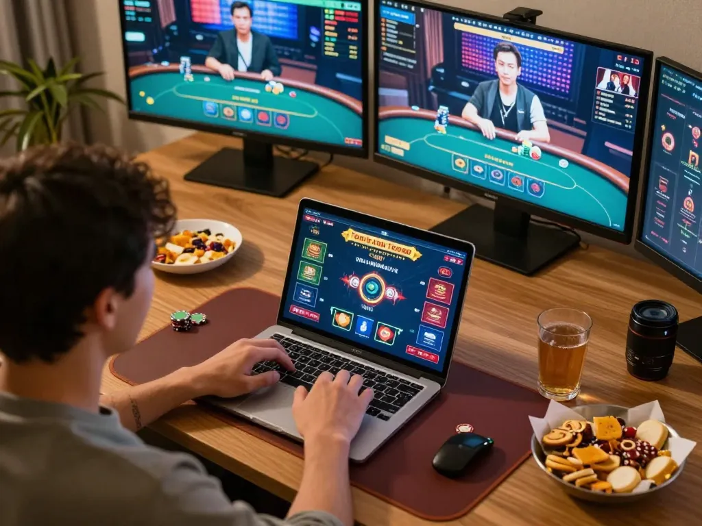 Player engaged in an online poker game with LLWIN on their laptop, showcasing strategic gameplay and a cozy atmosphere.