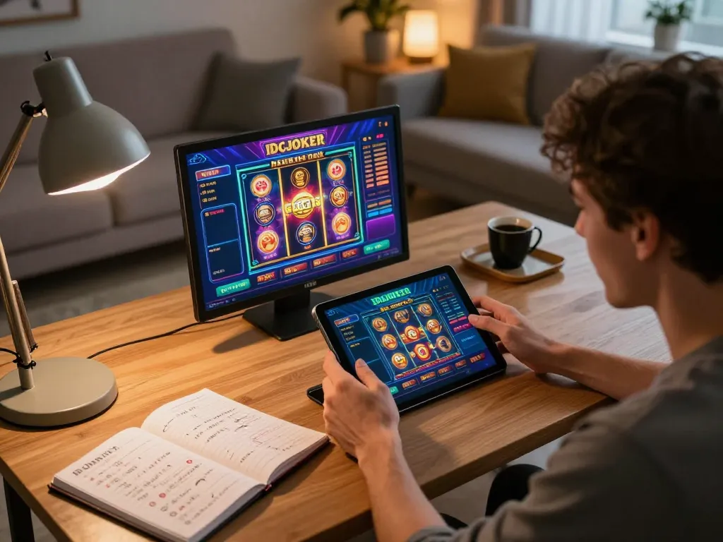 Engaging with IDCJOKER casino app, player exploring slot games on a tablet in cozy home setup.