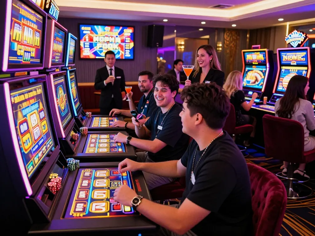 Exciting nổ hũ gaming scene with players at slot machines in a vibrant casino atmosphere.