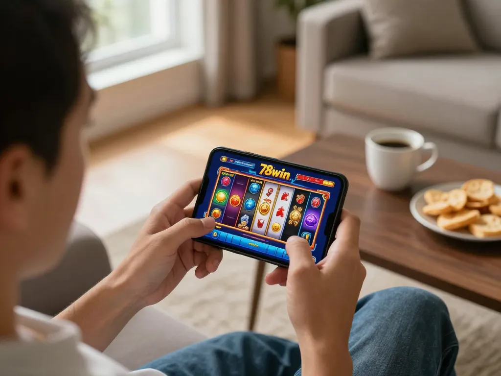 Player exploring the 78win app's vibrant slots during a cozy gaming session at home