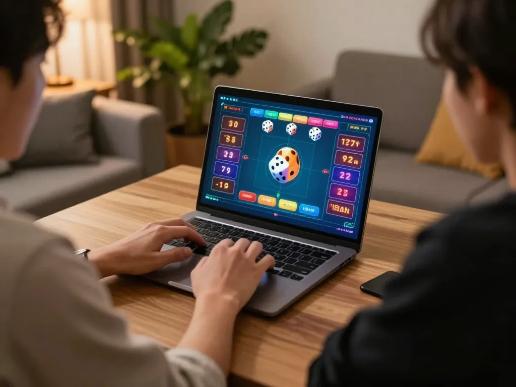 Tài Xỉu online gameplay on a laptop in a cozy home setup, emphasizing strategic gaming.