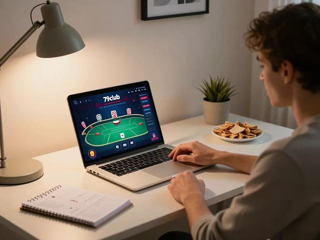 Player enjoying 79club online gaming experience in a cozy home office.