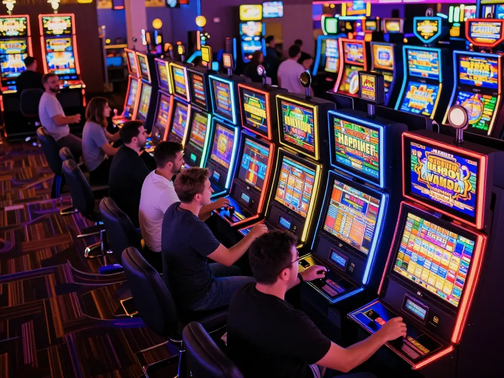 Exciting scene of players engaging with SIS4D slot machines in a vibrant casino