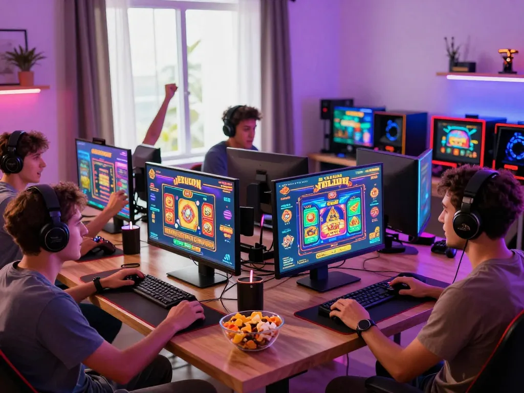 Exciting online gaming atmosphere featuring friends enjoying MM88 casino games with colorful LED lights and modern consoles.
