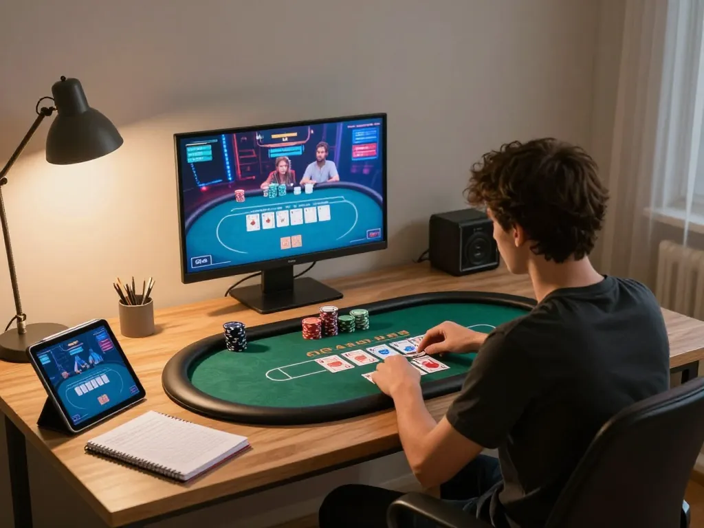 Situs slot gacor experience, player engaging in online poker strategy with vibrant game display