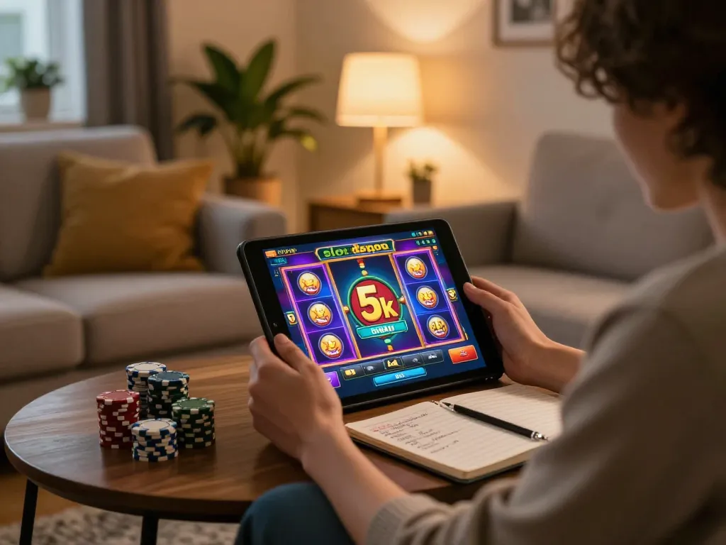 Engaging scene of a person playing slot depo 5k on a tablet in a cozy home setup