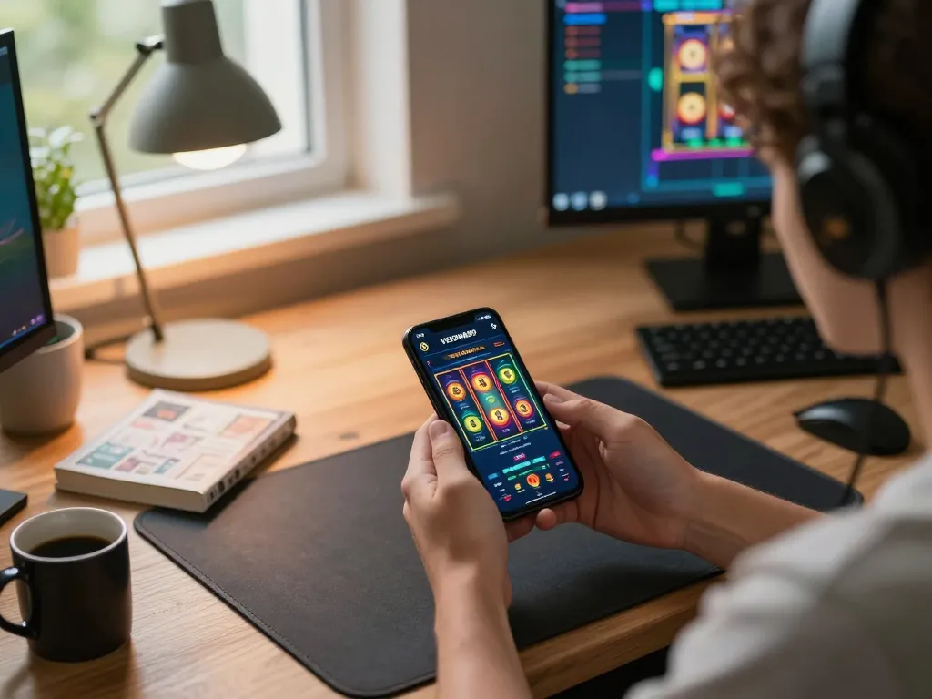 Engaging gameplay on VENOM889 app with user focusing on online slots in a cozy environment.