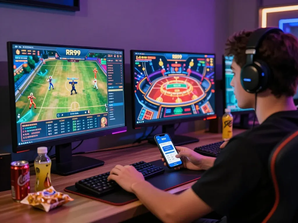 Dynamic gaming scene at https://ledaonline.in.net/ showcasing player engaged in sports betting with vibrant visuals and modern setup.