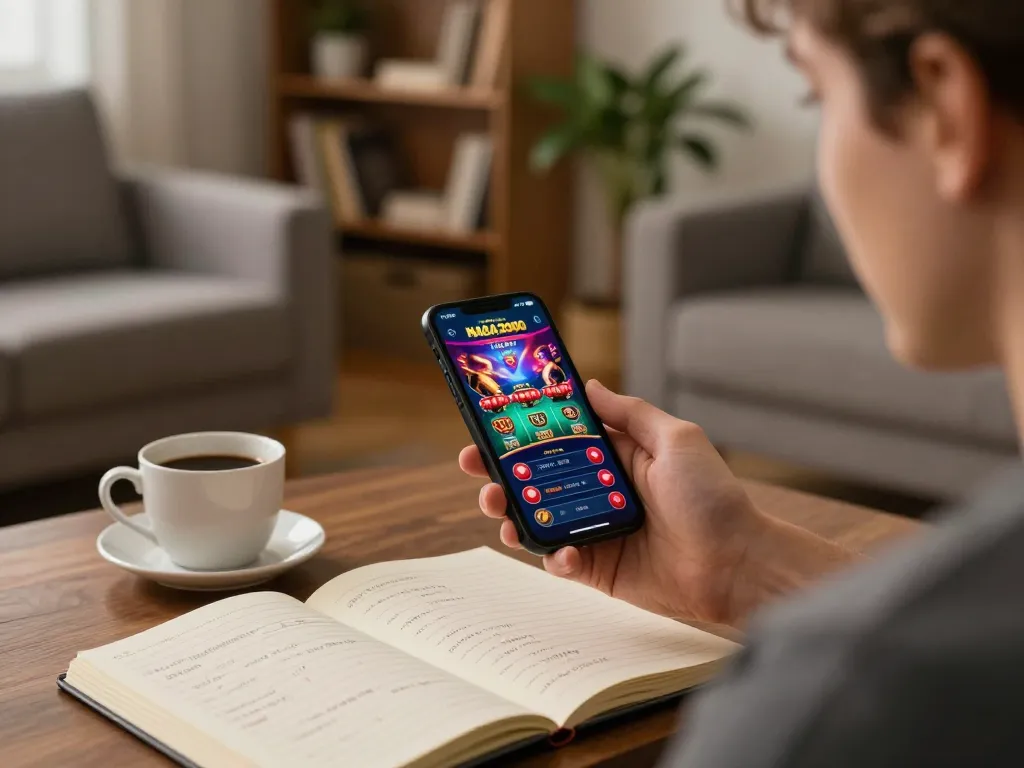 NAGA2000 user engaging with the casino app on their smartphone in a cozy home environment.
