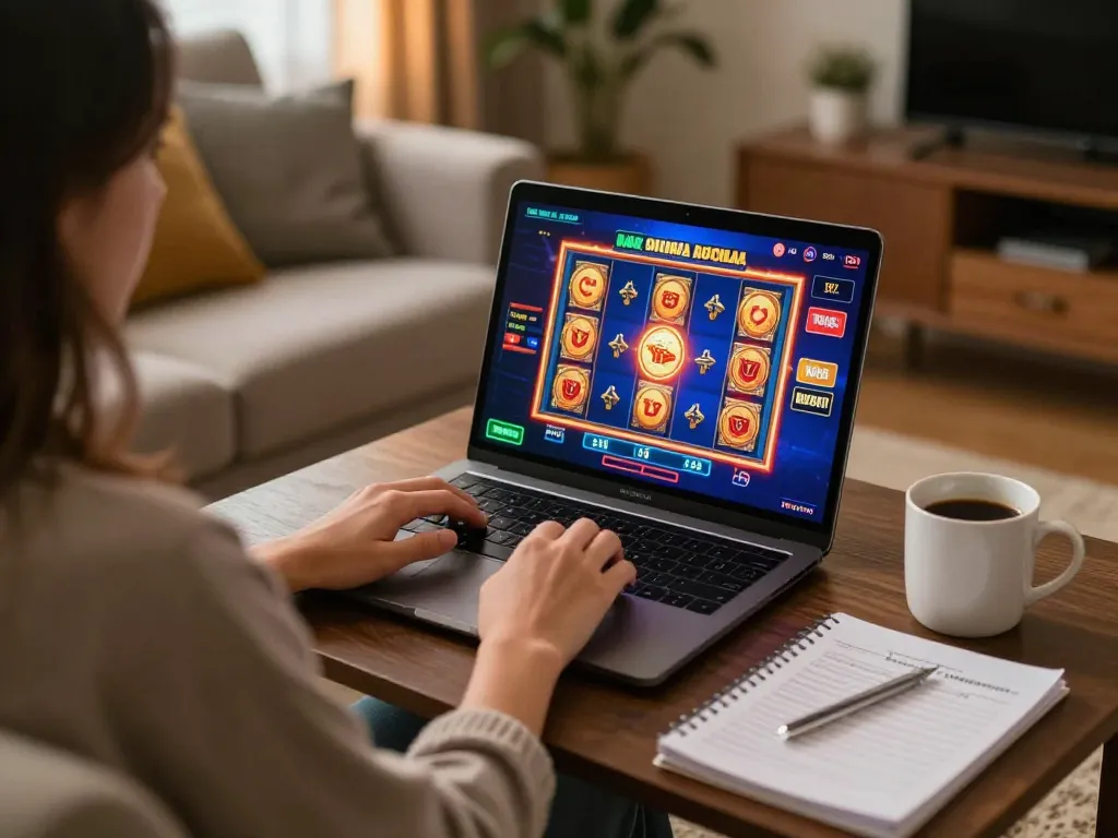 Ledaonline user enjoying online casino gaming on a laptop, showcasing vibrant slots interface and strategic notes.