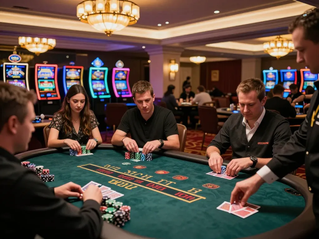 Players engaging intensely at blackjack tables in an upscale casino, showcasing 78win gaming strategy.