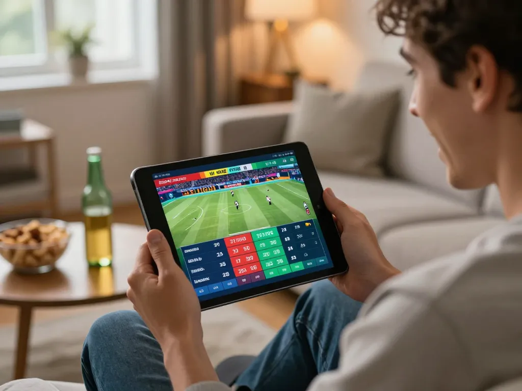 Engaging user placing bets on dn88 app during a major sports event in a cozy home setting.