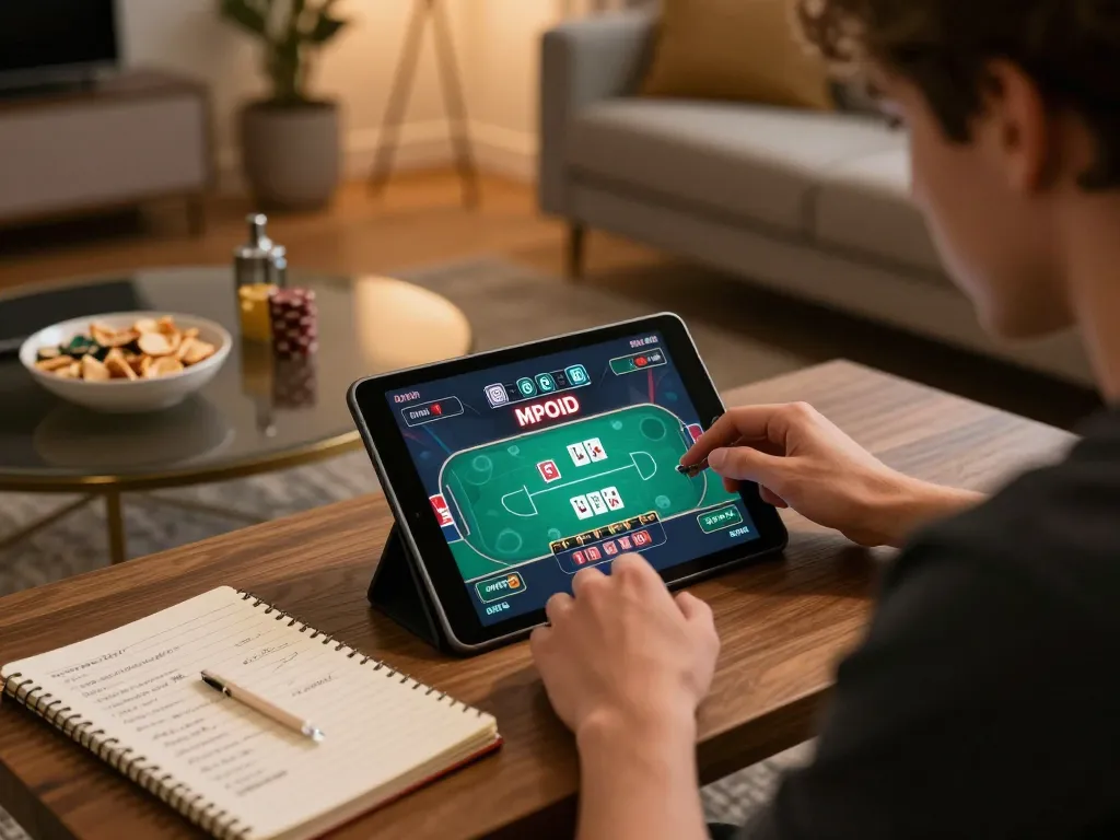 Player strategizing over MPOID poker game while enjoying snacks at home, creating an engaging online gaming atmosphere