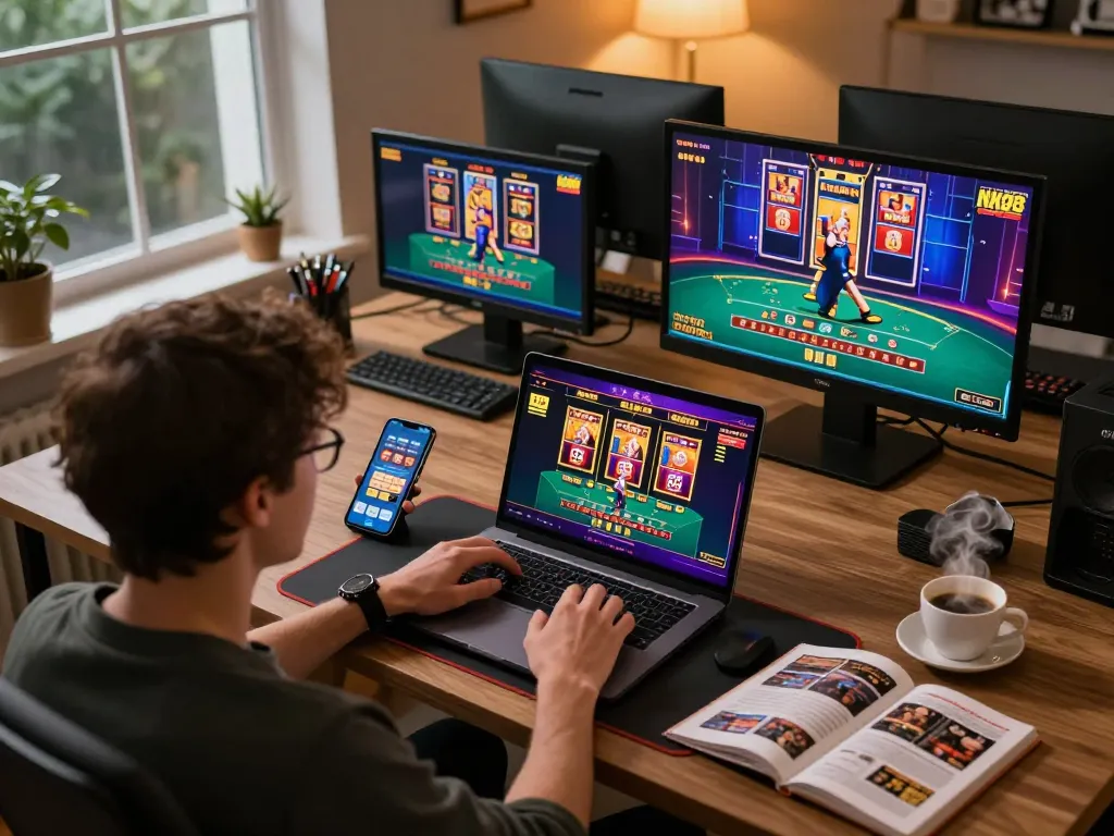 Engaging in strategic online gameplay at NK88, with laptop and smartphone displaying exciting casino options