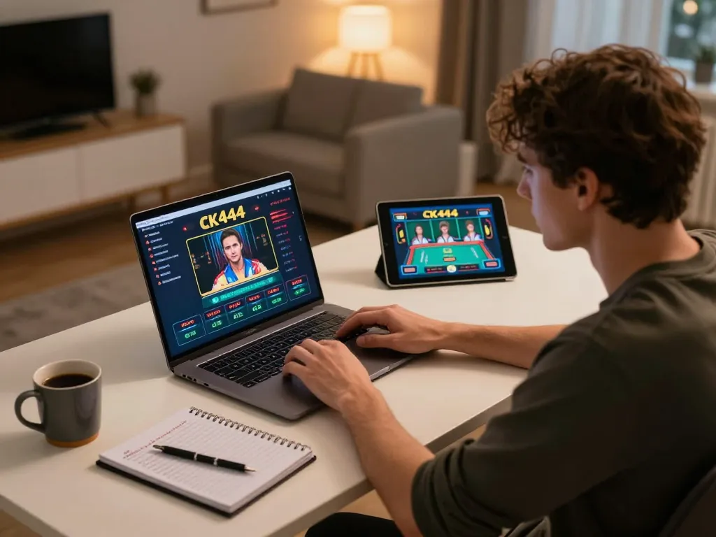Engaged player using CK444 for online casino gaming at modern desk, showcasing focused gameplay.