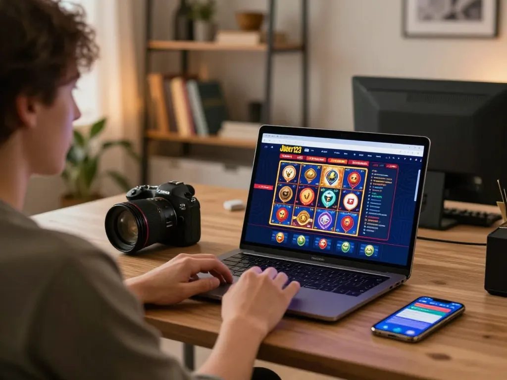 Person engages with the Joker123 platform for mobile gaming on jamsosindonesia during a cozy home session