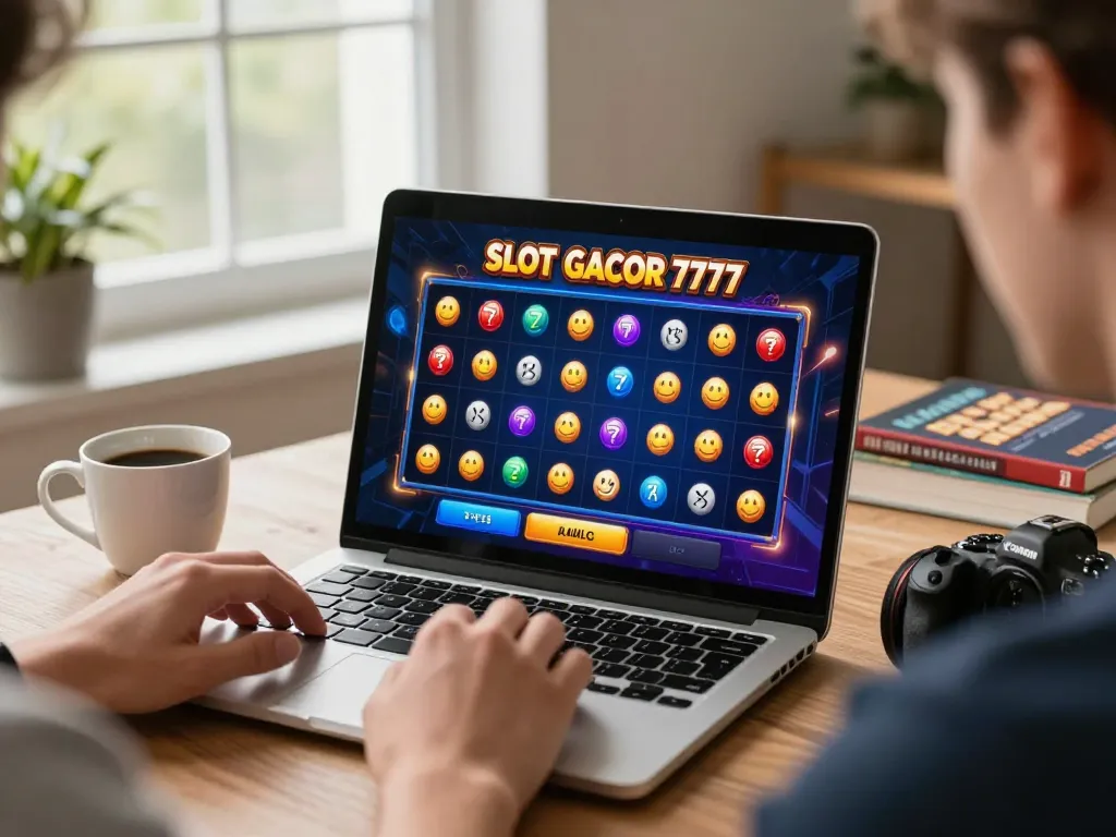 Engaging in SLOT GACOR 777 gameplay on a laptop in a cozy home setting, emphasizing responsible gaming.