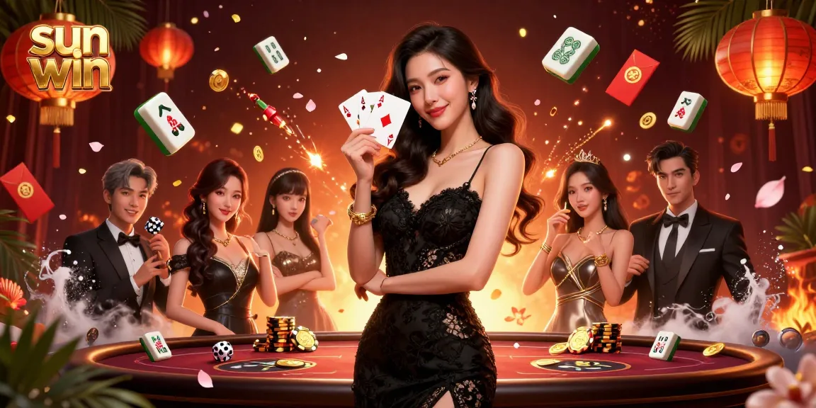 Experience thrilling gameplay with sun win featuring an elegant woman holding ace cards in a luxury casino.
