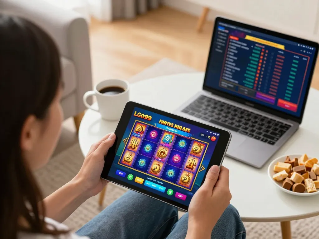 User enjoying LGO99 slot game on tablet, cozy home atmosphere with strategy notes nearby.