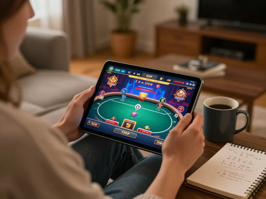 Engaging in online casino gaming at trang chủ fly88 on a cozy home setup with vibrant poker interface
