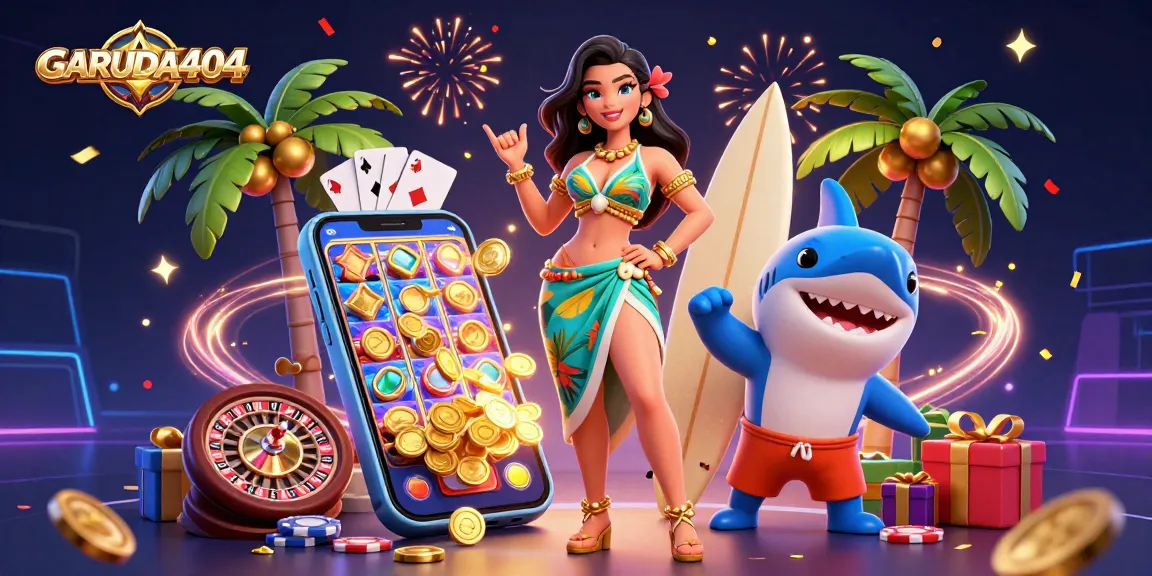 Join the excitement at GARUDA404 with a vibrant scene filled with slot gaming action and tropical vibes.
