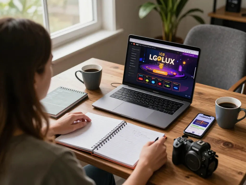 Player engaging with LGOLUX casino app on laptop while tracking gaming strategies at home.