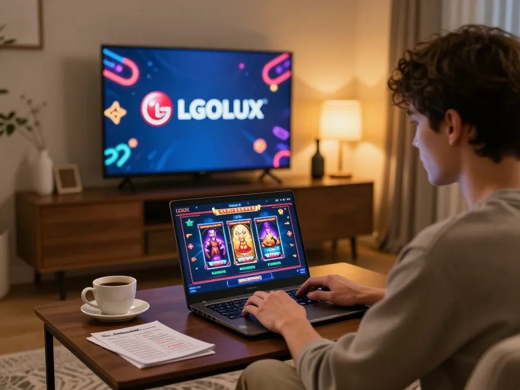 Engaged player enjoying LGOLUX online slots in a cozy home setting, enhancing the gambling experience.