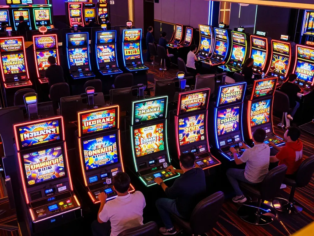 Experience the excitement of indrabet slot gameplay with players celebrating wins at colorful slot machines.