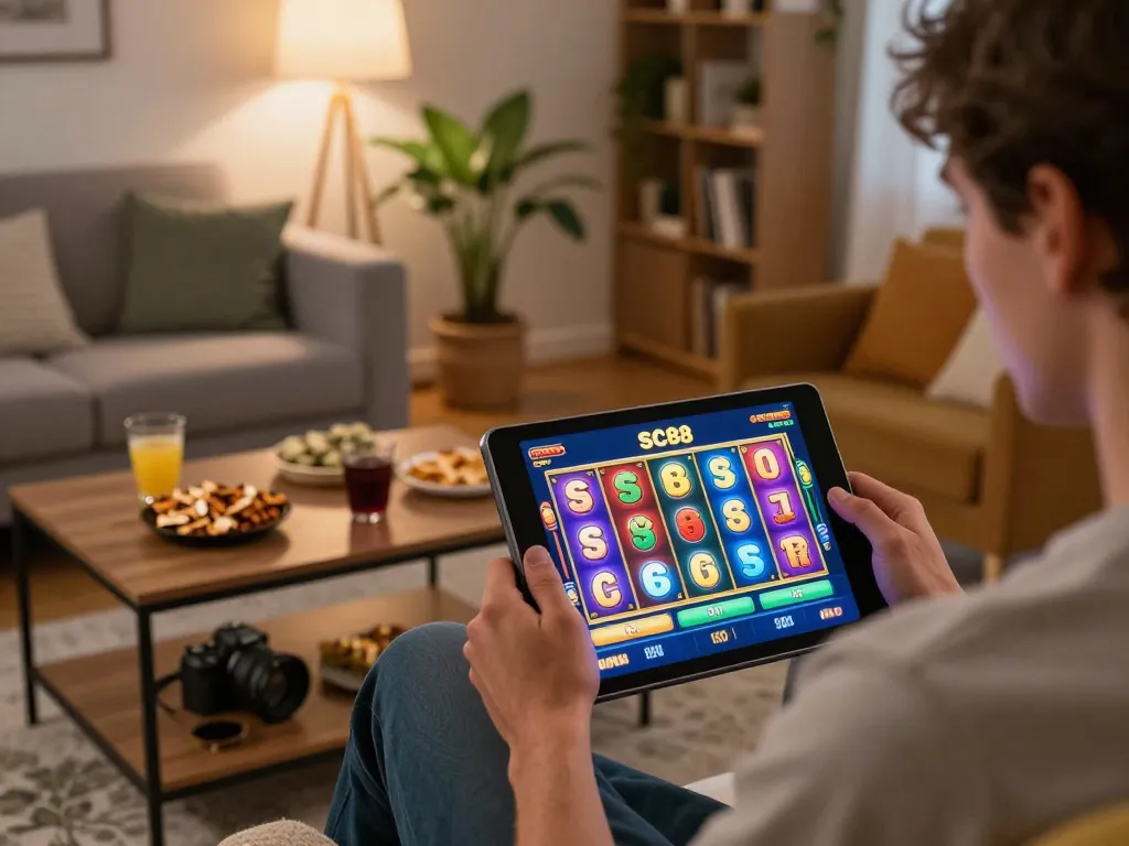 Engaging in SC88 online slot gaming from home, showcasing vibrant casino experience and personalized decor.