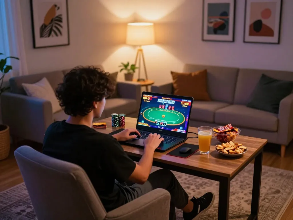 MPOID player engaged in an online poker game at home, showcasing vibrant game interface and cozy gaming setup.